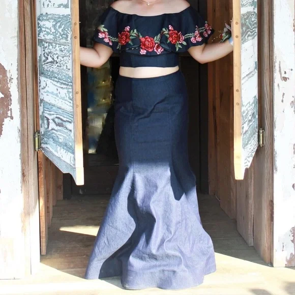 white christmas dresses Jovani 43341 Long Floral Denim Gown Formal Prom Dress main image 1